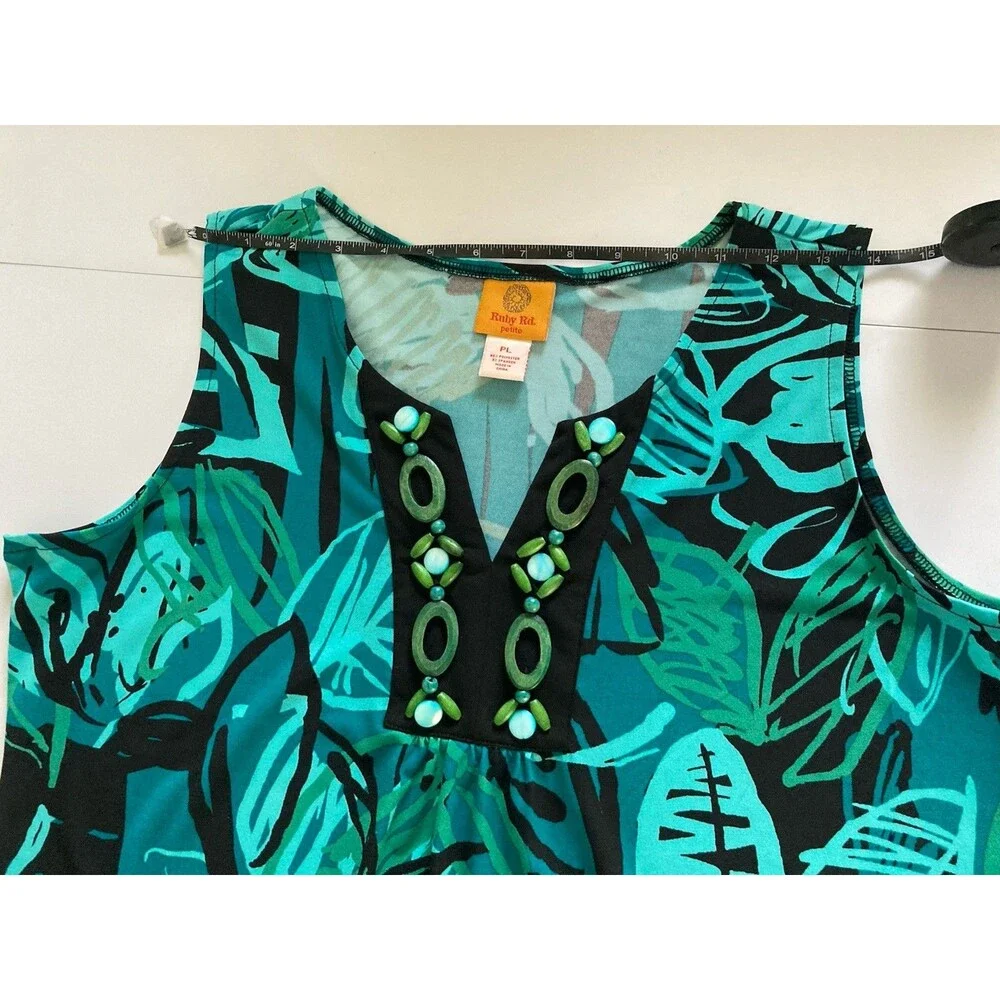 Ruby Rd. Dress Shift PL Floral Blue Green Embellished V-Neck Excellent Condition